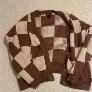 Brown and Cream Cardigan with Retro Checkerboard Pattern